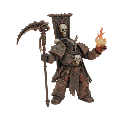 نموذج ثلاثي الأبعاد لمحارب الفوضى بدرع صدئ بمنجل وكرة نارية، بأسلوب Warhammer 40,000