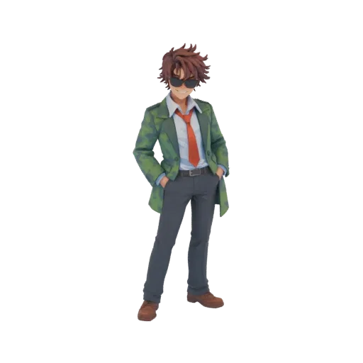 3D model of an anime detective character wearing sunglasses, a green patterned coat, and a red tie, standing with hands in pockets.