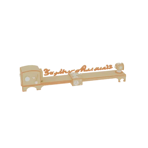 3D model of a light-colored, retro-futuristic display shelf with a small lamp and camera integrated into its design.