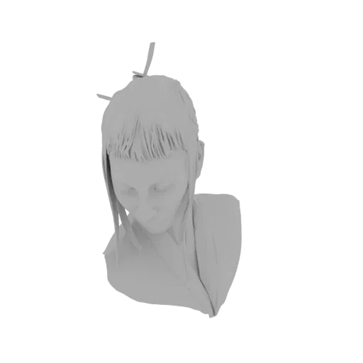 Rendering modello 3D busto ragazza anime, con frangia corta e capelli lunghi, che guarda in basso.