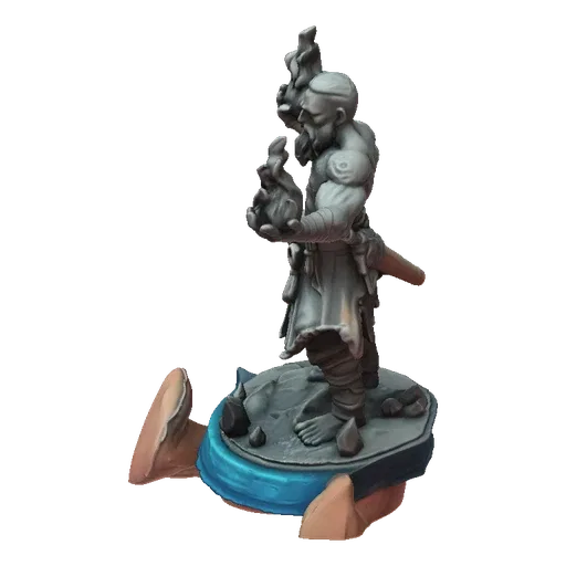 3D model of a bearded warrior with fire in his hands, standing on a rocky and blue base.