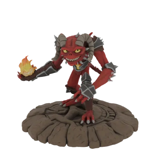 3D model of a red demon with horns and armor, holding a bright orange and yellow fire spell, standing on a textured base.