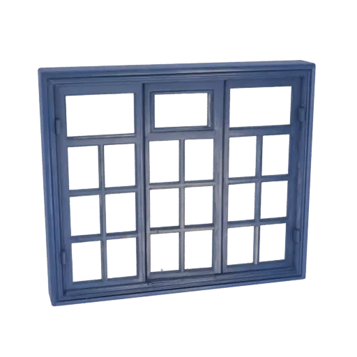 3D model of a classic dark blue window frame with multiple panes, isolated on a white background.