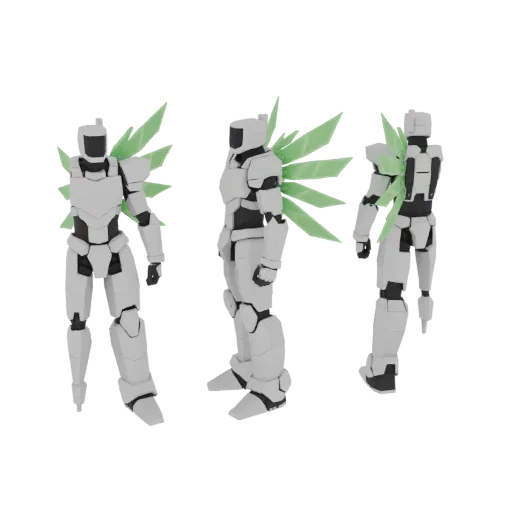 3D model of a white robot with sharp, angular green cyber wings, shown from multiple angles.