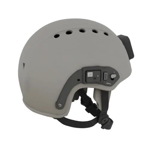 3D model of a futuristic gray AI helmet body with mounts and recesses for electronics
