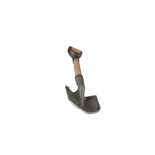 Worn Shovel 3D model, three-quarter front view, Unity viewport, showing painted metal, functional silhouettes.