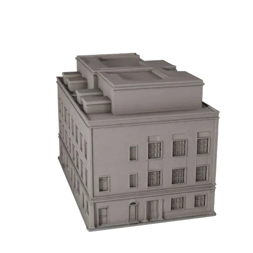Modelo 3D STL imprimible de casa adosada, vista isométrica, mostrando materiales de edificio residencial y detalle arquitectó