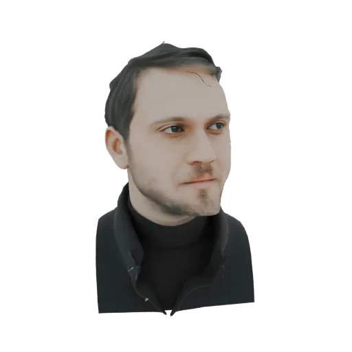 3D model render of a man with short dark hair, beard, wearing a black turtleneck and jacket, looking to the side.