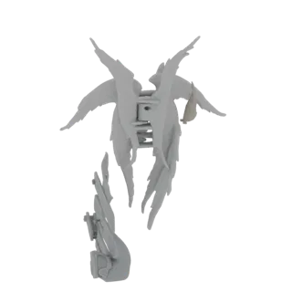 3D-Modell von dunklen, gotischen Engelsflügeln mit Sense-Aufsatz, gerendert auf weißem Hintergrund.