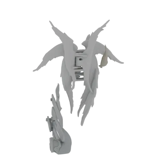 3D model of dark, gothic angelic wings with a scythe attachment, rendered against a white background.