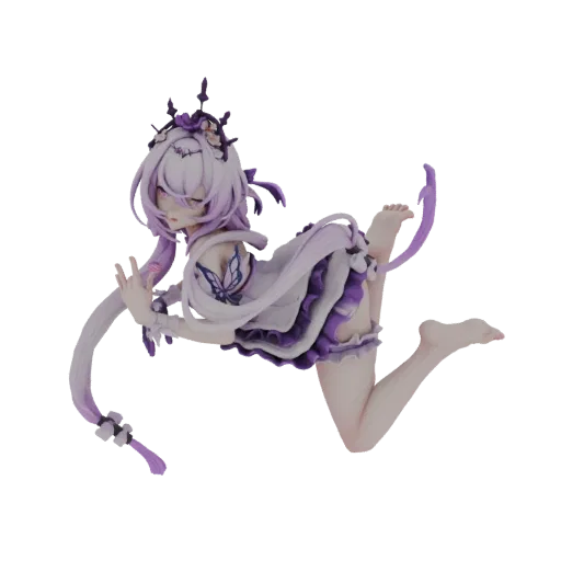 3D model of an elegant maiden with purple hair and butterfly-themed dress, posed gracefully.