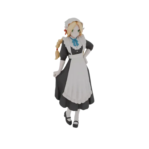 3D model of an anime maid girl with blonde pigtails, wearing a black dress with a white apron and a blue bow, standing in a p