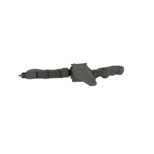 Top-down view of a gray, futuristic assault rifle with an integrated scope, presented on a black background.