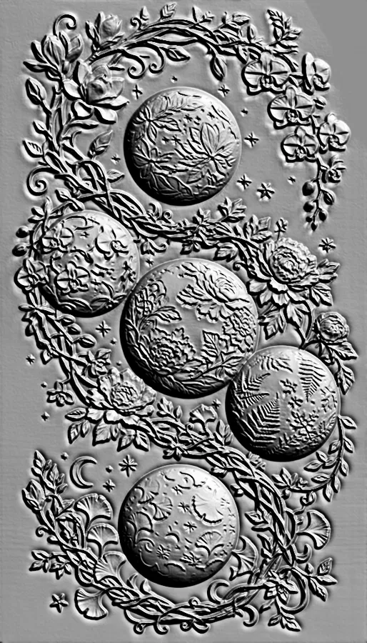 3D model of Moon Flowers bas-relief with five discs, decorated with floral patterns and branches