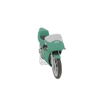 3D model of a vintage teal sportbike with a white windshield, shown on a white stand against a white background.