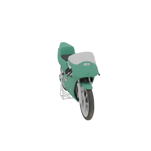 3D model of a vintage teal sportbike with a white windshield, shown on a white stand against a white background.