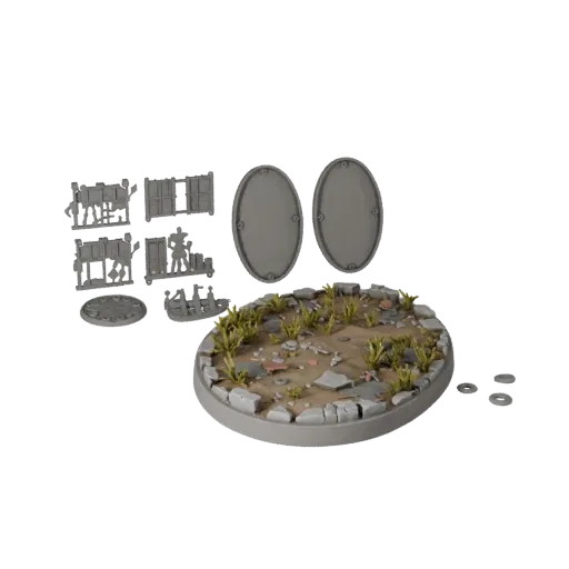 Ruined Oval Base modular kit 3D model preview showing rim shape, top-down kitbash view, height and ground texture