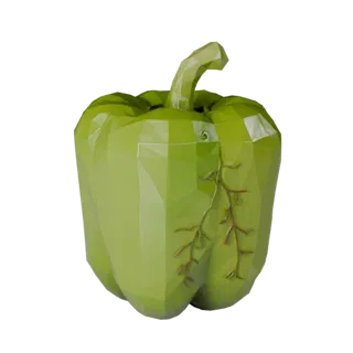 Organic Bell Pepper Low Poly 3D model, game viewport three-quarter view, showing leaf veins, form detail.