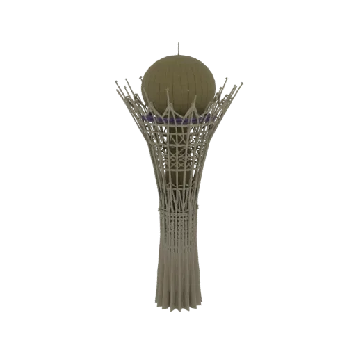 3D model of the Bayterek Tower, a futuristic monument with a golden sphere on a slender, lattice-like structure, against a white background.