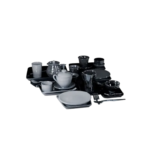 Picnic Tea Service High Poly 3D model, close-up studio render, showing ceramic, arranged serving layout.