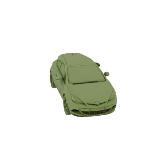 A 3D model of a hatchback car, rendered in a solid, monochromatic green color, viewed from a slightly elevated angle.