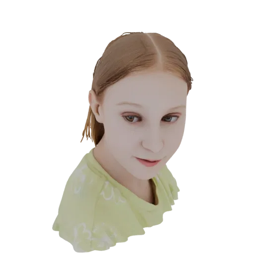 3D model of a young girl with light brown hair, wearing a green ruffled shirt, looking down with a gentle expression.