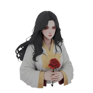 3D model of an anime woman with long black hair, crimson eyes, wearing a white and gold robe, holding a red rose.