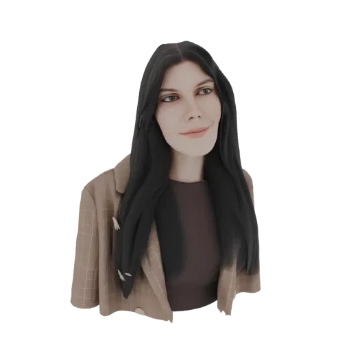 3D model of an elegant woman with long dark hair, wearing a brown plaid blazer and a dark top, looking slightly to the side.