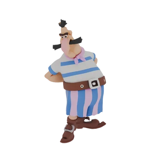 3D model render of a cartoon pirate character with a striped shirt, striped pants, and a mustache, posed dynamically.
