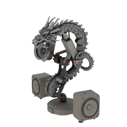 3D model of a stylized dragon entwining two speakers, in a futuristic style