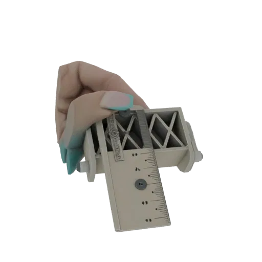 A 3D render of a realistic human hand holding a beige caliper measuring tool with a visible ruler and scale.