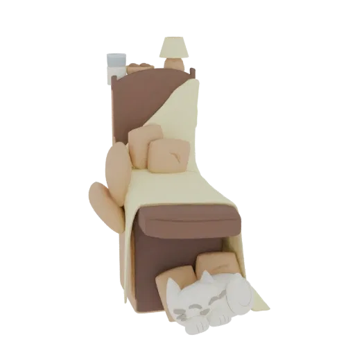 3D model of a brown armchair with a cream blanket and a white cat sleeping at its base.