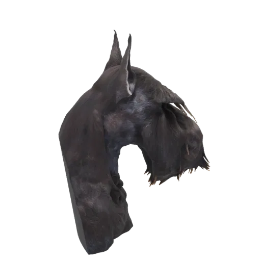 3D model of a dark horse head with a flowing mane, viewed from the side.