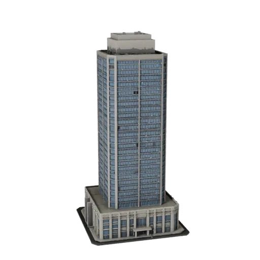 Modello 3D STL stampabile di edificio per uffici grattacielo, vista isometrica, che mostra materiali di edifici per uffici co