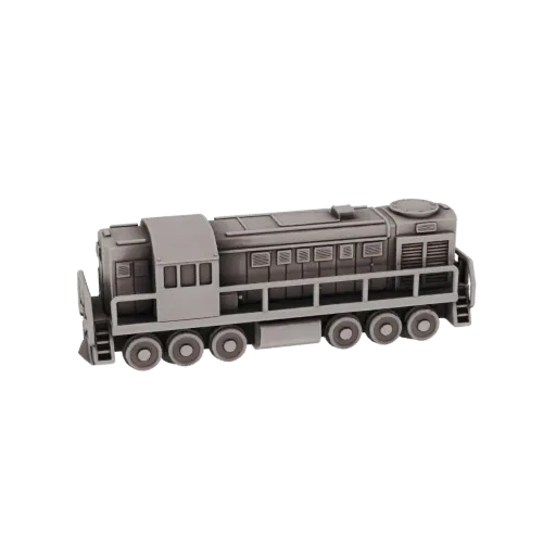 3D model of a vintage diesel locomotive with six wheels on each side, detailed cabin, and metallic finish, set against a blac