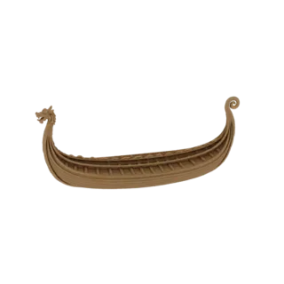 3D model of a wooden Viking longship with a dragon head prow, viewed from the side.