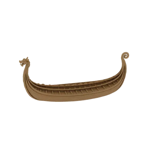 3D model of a wooden Viking longship with a dragon head prow, viewed from the side.