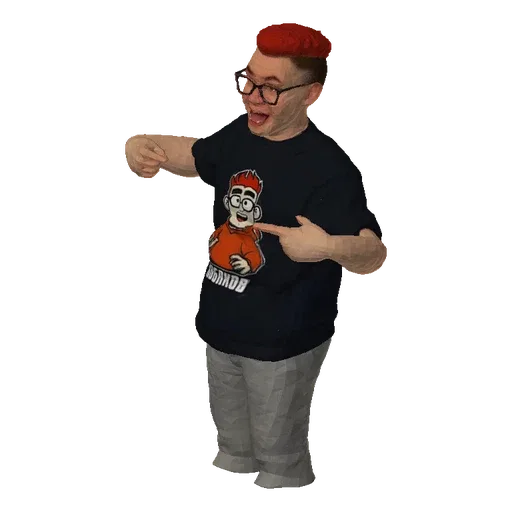 3D model of a young man with red hair, glasses, and a dark t-shirt with a cartoon graphic, pointing outwards with both hands.