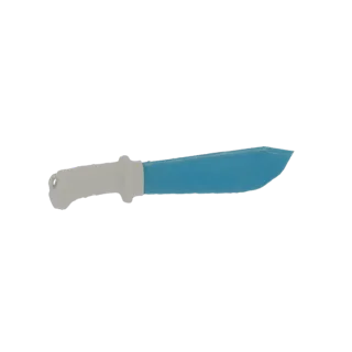 Un rendering 3D di un machete con una lama blu brillante e un manico grigio, presentato su uno sfondo bianco.