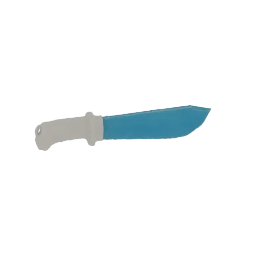 Un rendering 3D di un machete con una lama blu brillante e un manico grigio, presentato su uno sfondo bianco.