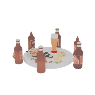 Modèle 3D d'une composition de bouteilles de bière, de chips et de viande séchée sur une table