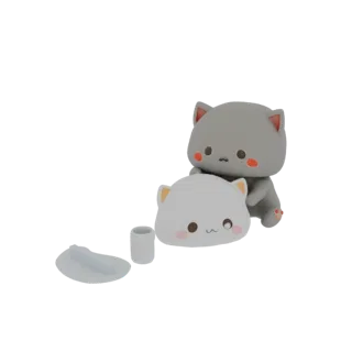 3D model of two cute cartoon cats, one grey and one white, hugging each other affectionately, with a small plate and cup near