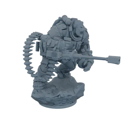 3D model of a bear soldier in military armor holding a heavy machine gun with a large ammo belt, standing on a rocky base.