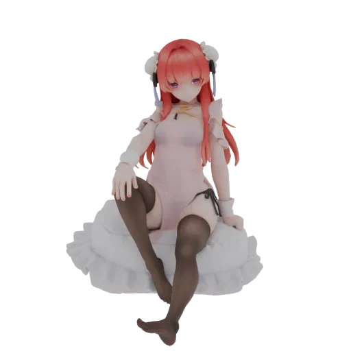 3D model of an anime maid with pink hair, wearing a pink dress and dark stockings, sitting on a white pillow.
