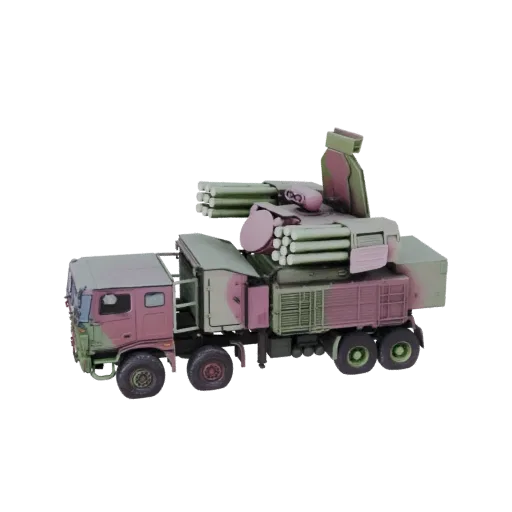 3D model of a camouflaged mobile anti-aircraft missile system with multiple missile tubes and a radar unit, set against a whi