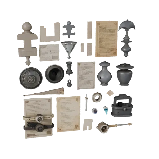 Fantasy Street Clutter Realistic 3D model, three-quarter studio render, showing paper-like cards, small readable forms.