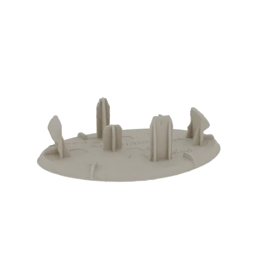 3D model of a light gray circular plastic cover with four upright pegs, viewed from a slight angle.