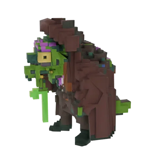 A voxel art 3D model of a goblin sorcerer wearing a brown robe and holding a green staff, against a white background.