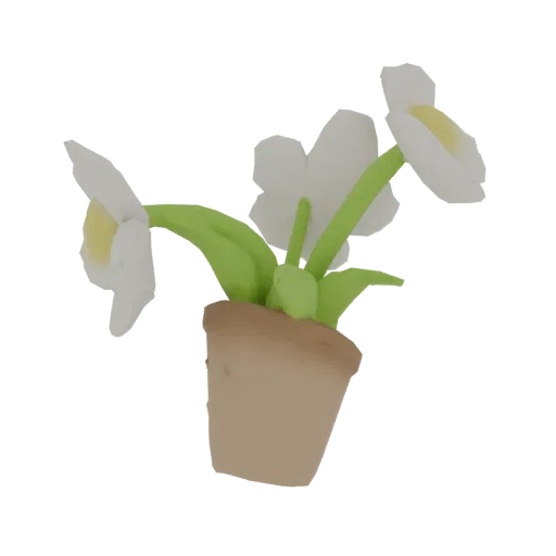 Modèle 3D d'une plante en pot avec trois fleurs blanches et des feuilles vertes dans un pot en terre cuite.
