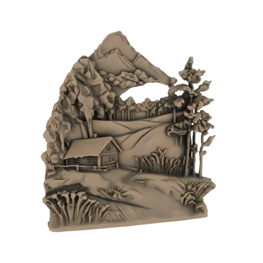 3D model of a rustic cabin in a mountain landscape with trees and rolling hills, rendered in a neutral tone.